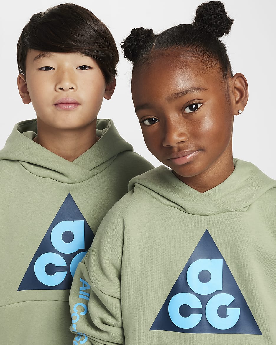 Nike ACG Icon Fleece Older Kids' Pullover Hoodie - Oil Green/Baltic Blue