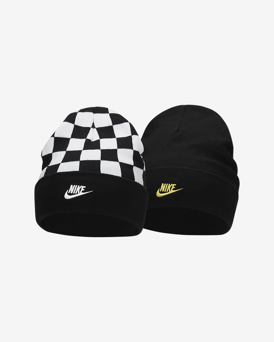 Nike Peak Kids' Reversible Tall Cuff Smiley Beanie - Black/White/Vibrant Yellow