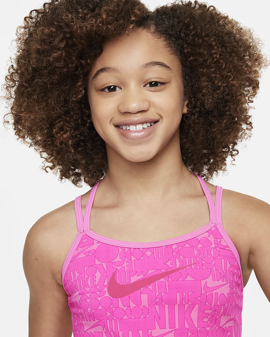 Conjunto de tankini con espalda en T para niña talla grande Nike Swim Retro Flow - Rosa feroz