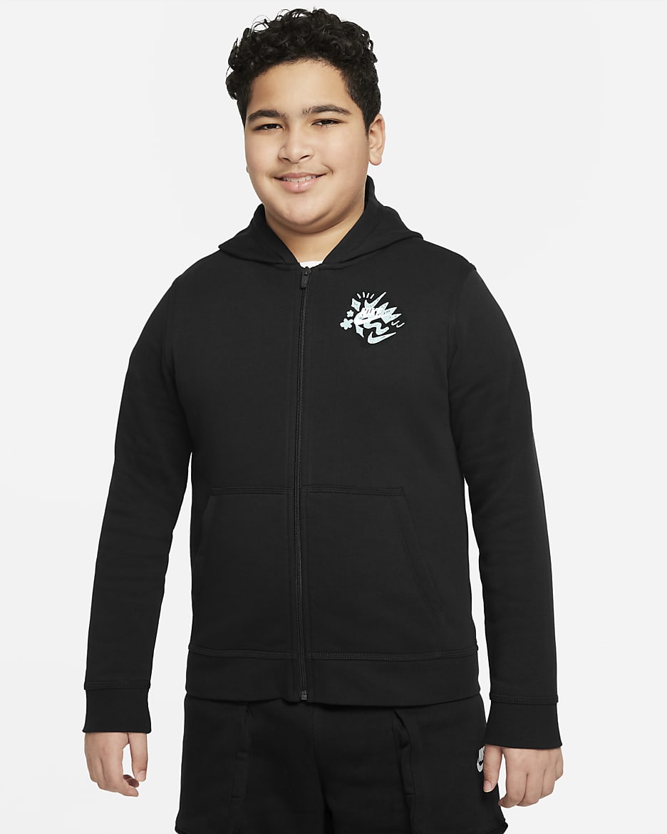 Nike Sportswear Big Kids' (Boys') Full-Zip Hoodie (Extended Size) - Black/Mint Foam/White