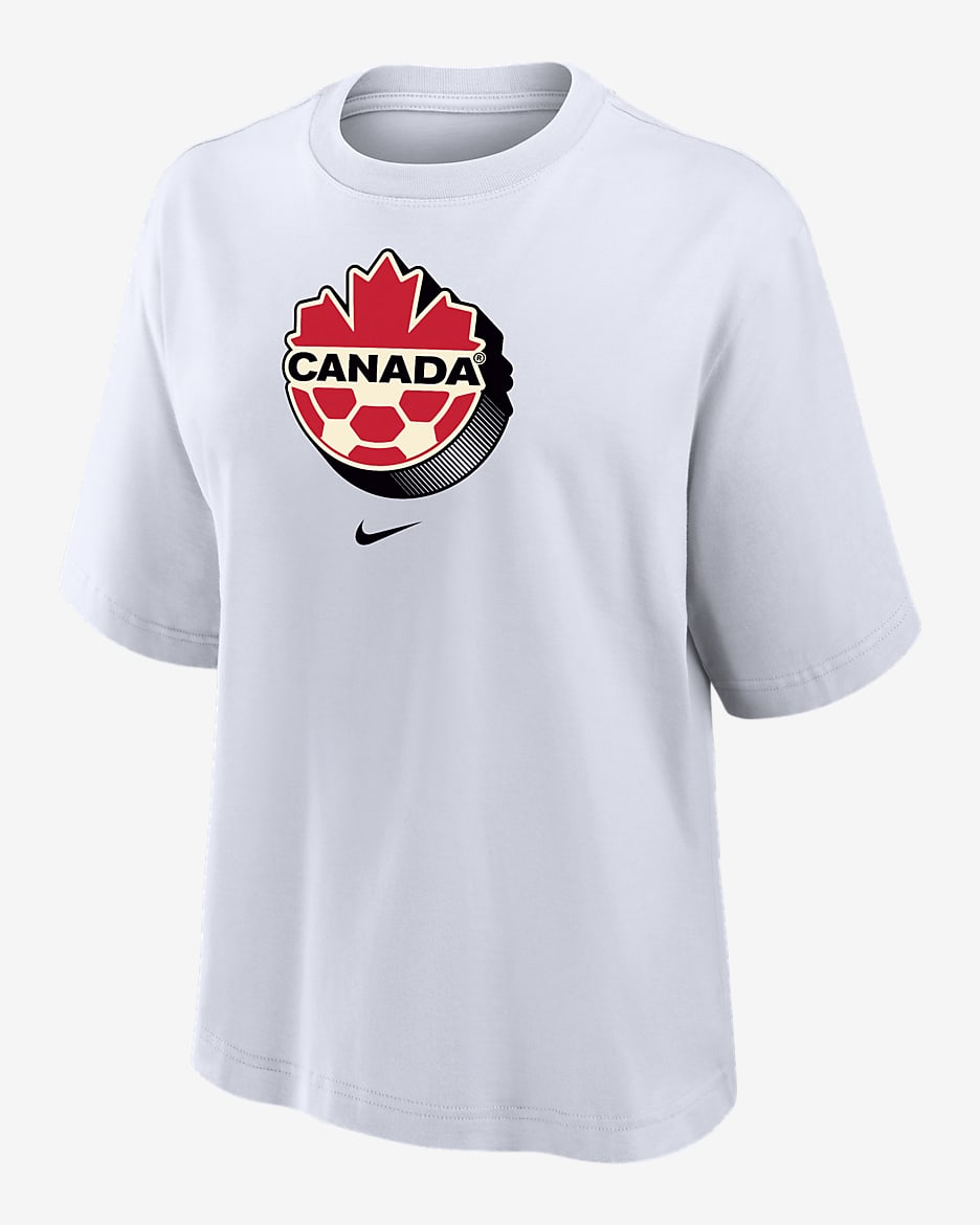 Playera de fútbol Nike de corte cuadrado para mujer Canadá - Blanco