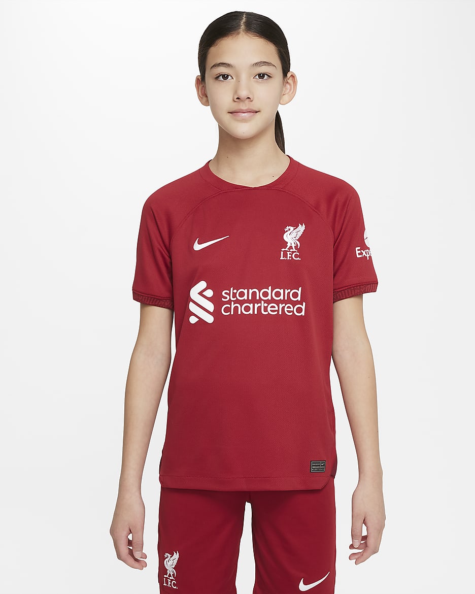 Liverpool FC 2022/23 Stadium Home Big Kids' Nike Dri-FIT Soccer Jersey - Tough Red/Team Red/White