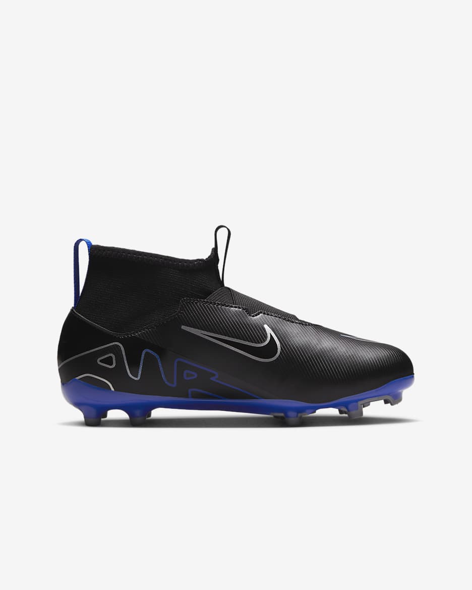 Tacos de fútbol de corte high para terrenos múltiples para niños de preescolar y grandes Nike Jr. Mercurial Superfly 9 Academy - Negro/Hiperroyal/Cromo