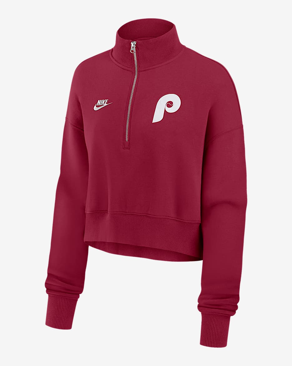 Sudadera de cuello redondo Nike de la MLB cropped de medio cierre para mujer Philadelphia Phillies Cooperstown Phoenix - Castaña