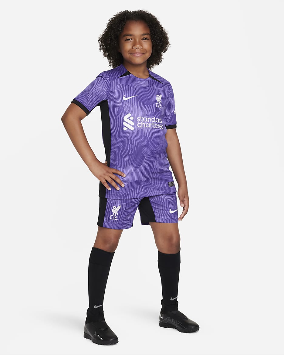 Shorts de fútbol Nike Dri-FIT del Liverpool FC alternativo 2023/24 Stadium para niños talla grande - Morado espacial/Morado cancha/Blanco