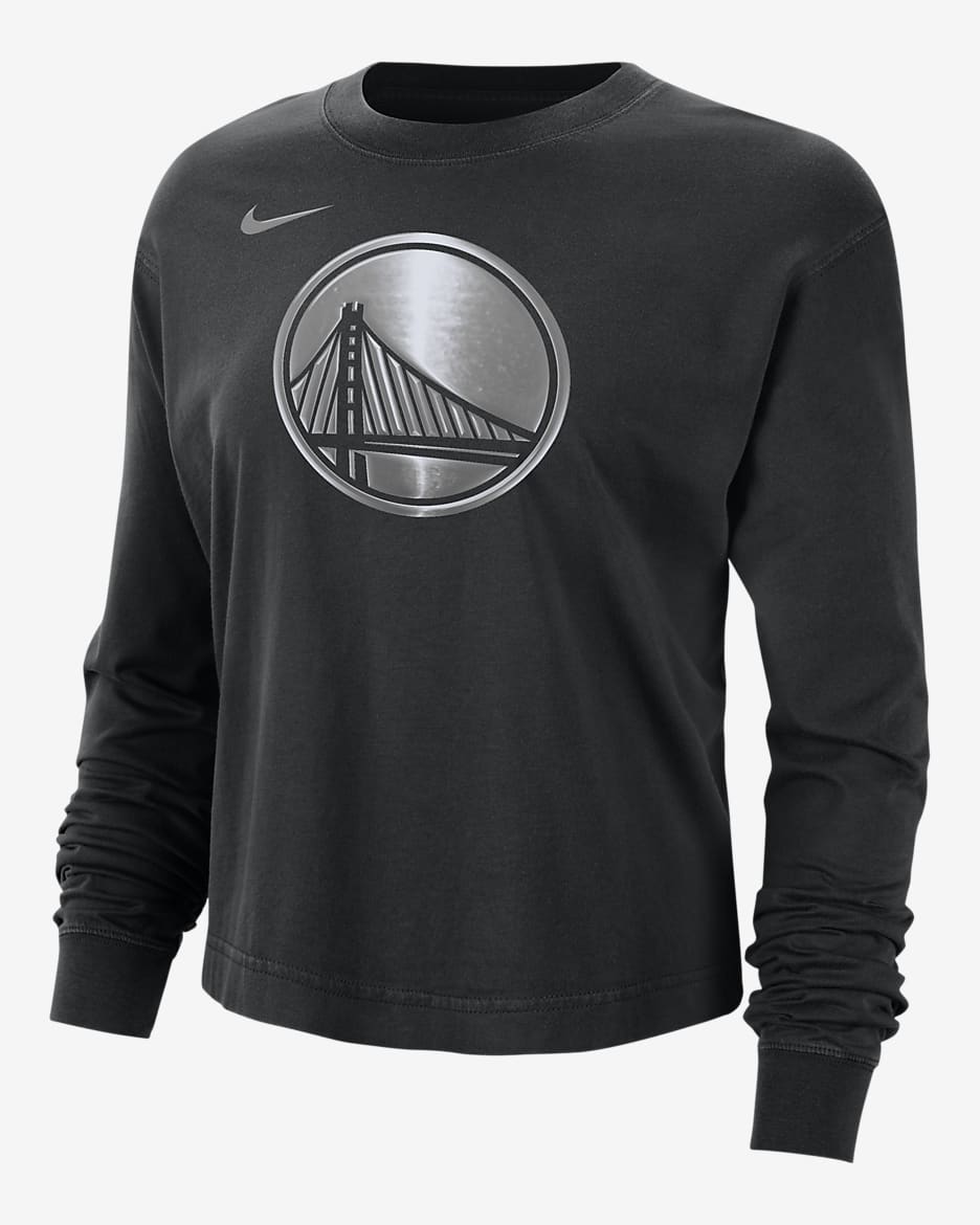 Playera de manga larga Nike de la NBA con brillo de corte cuadrado para mujer Golden State Warriors Courtside - Negro