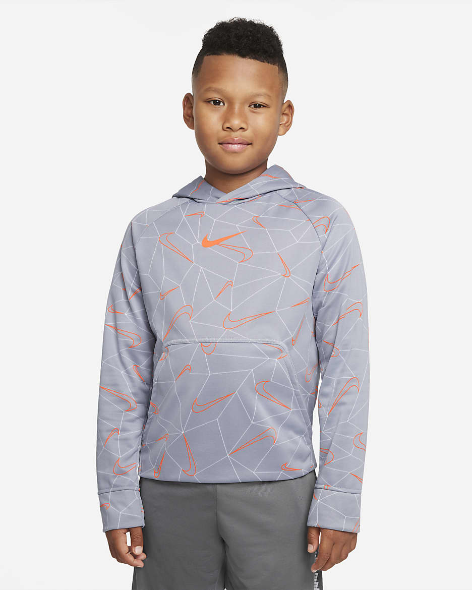 Nike Therma-FIT Big Kids' (Boys') Printed Pullover Hoodie - Light Smoke Grey/Total Orange