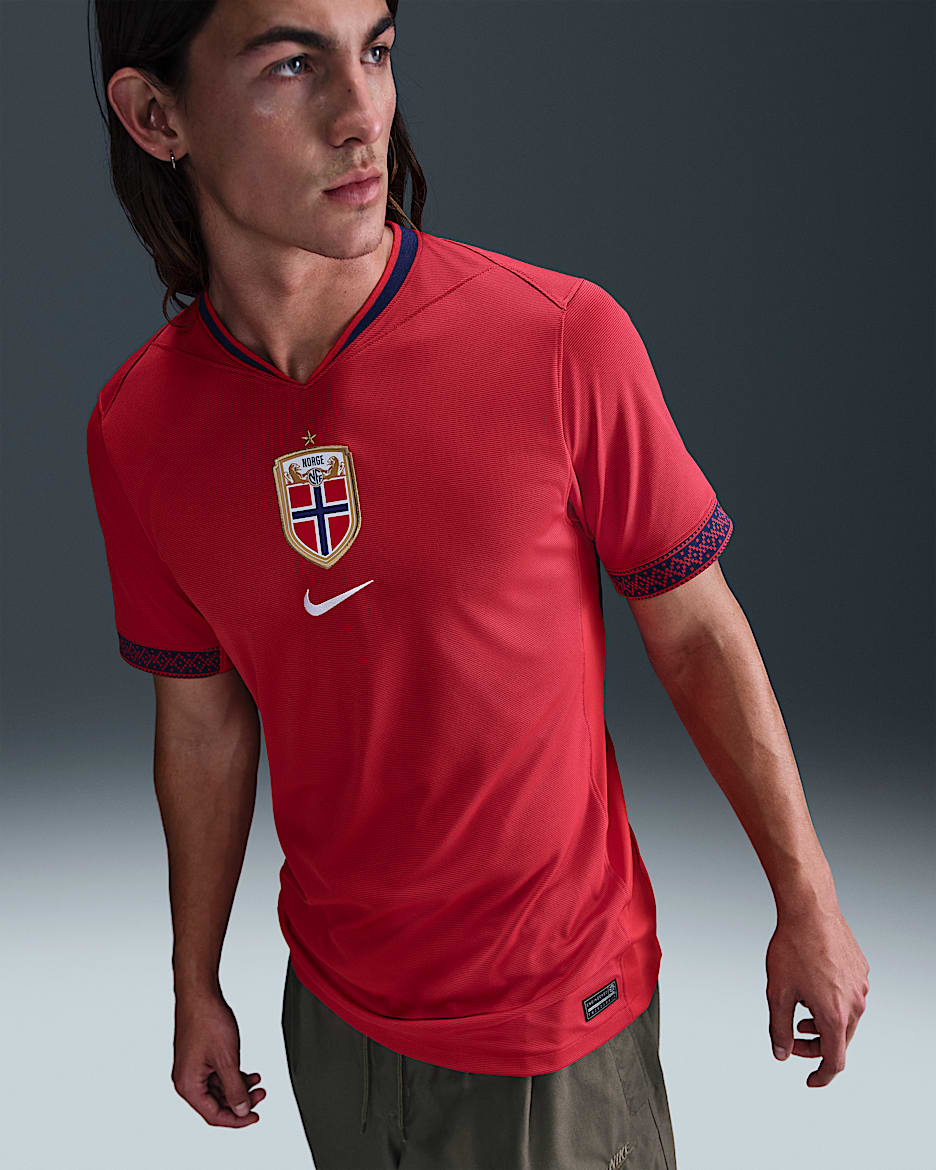 Norway 2025 Stadium Home (Women's Team) Men's Nike Dri-FIT Soccer Replica Jersey - University Red/Blue Void/White