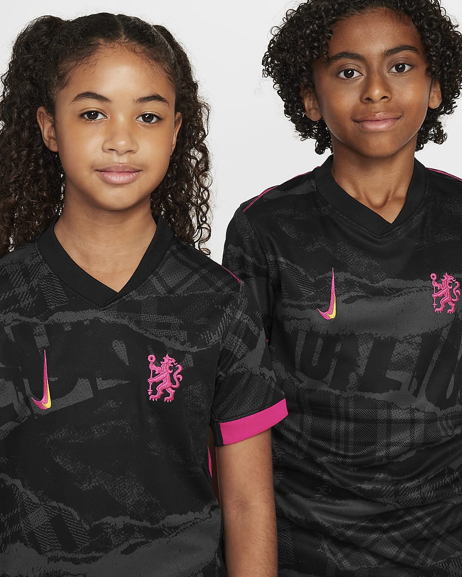 Chelsea FC 2024/25 Stadium Derde Nike Dri-FIT replicavoetbalshirt voor kids - Anthracite/Zwart/Opti Yellow/Pink Prime