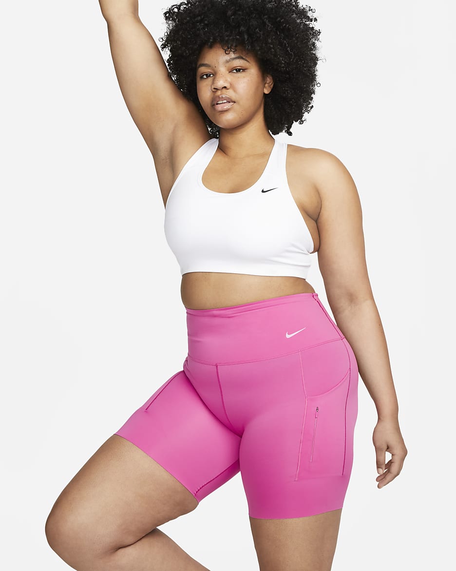 Nike Go Women's Firm-Support High-Waisted 8" Biker Shorts with Pockets - Active Fuchsia/Black