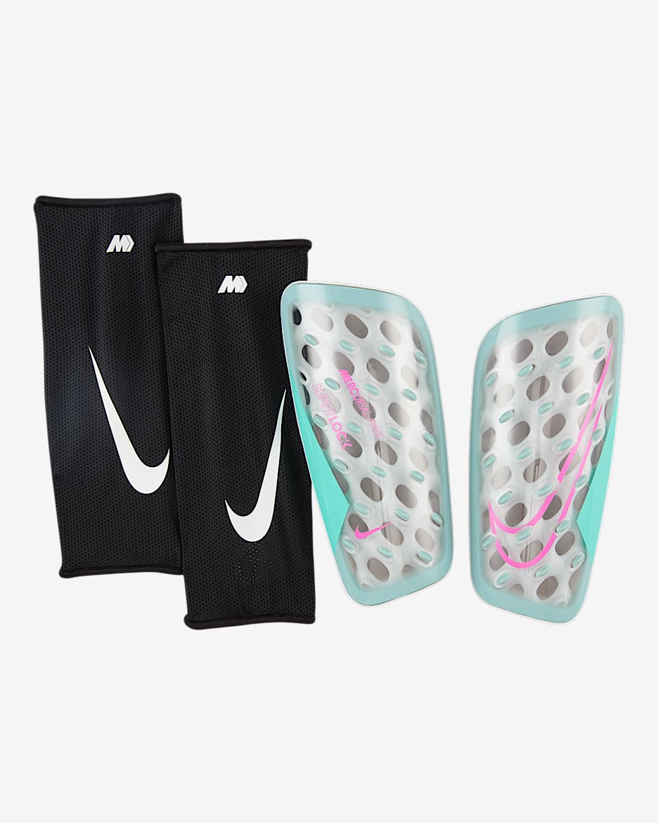Espinilleras de fútbol Nike Mercurial FlyLite SuperLock - Cubo océano/Verde aurora/Avalancha rosa