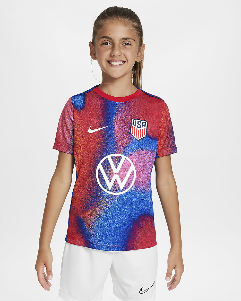 Playera de fútbol de manga corta Nike Dri-FIT para antes del partido para niños talla grande USMNT Academy Pro - Blanco/Azul eléctrico/Azul eléctrico/Blanco