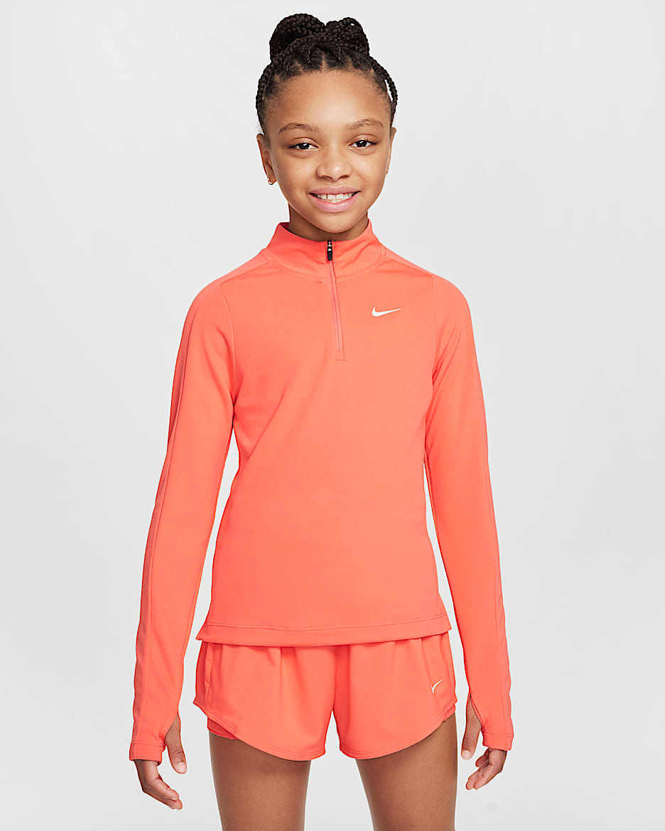 Dívčí tričko Nike Dri-FIT s dlouhým rukávem a čtvrtinovým zipem - Magic Ember/Bílá