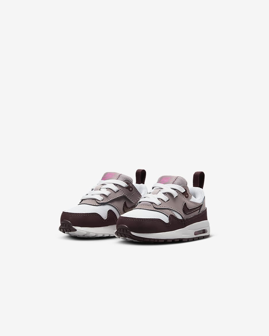 Air Max 1 EasyOn schoenen voor baby's/peuters - Wit/Light Violet Ore/Playful Pink/Burgundy Crush