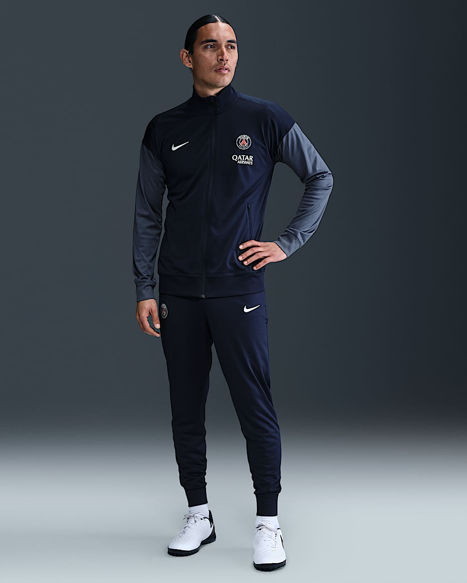 Maskinstrikket Paris Saint-Germain Strike Nike Dri-FIT-fodboldtracksuit til mænd - Midnight Navy/Diffused Blue/hvid