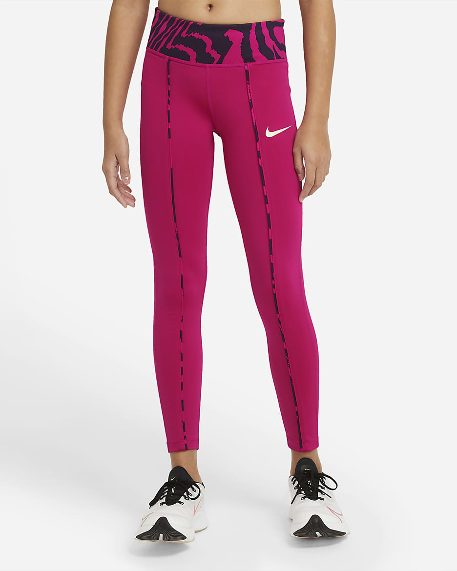 Nike One Big Kids' (Girls') Mid-Rise Printed Leggings - Fireberry/Bright Mango/Bright Mango