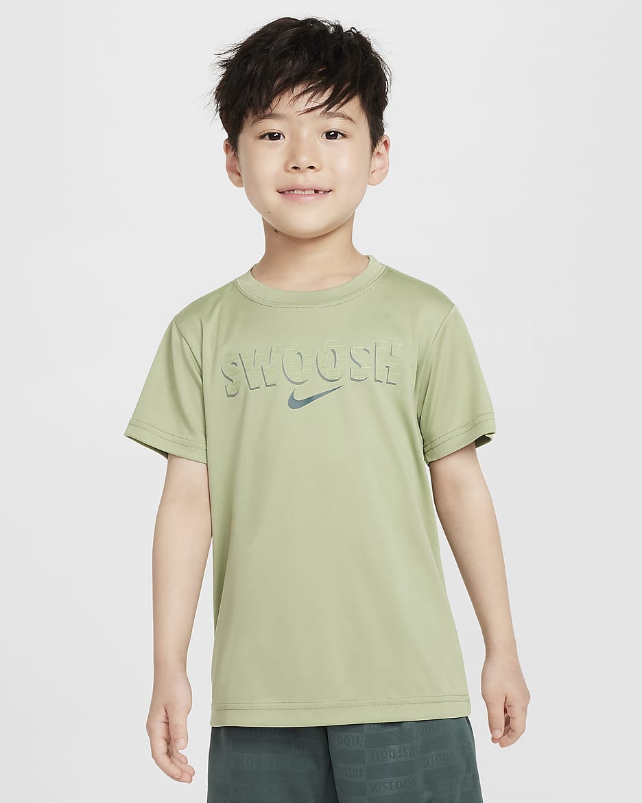 Playera Swoosh para niños talla pequeña Nike Dri-FIT "Just Do It" - Verde aceite