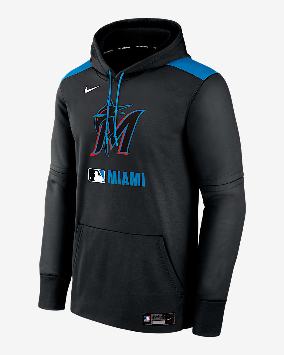 Sudadera con gorro sin cierre Nike Therma de la MLB para hombre Miami Marlins Authentic Collection - Negro
