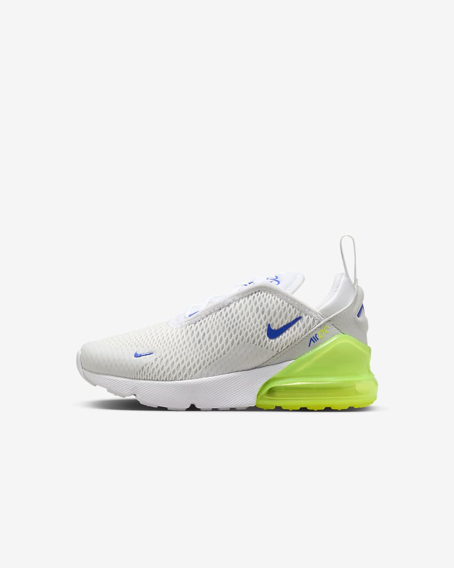 Tenis para niños de preescolar Nike Air Max 270 - Blanco/Volt/Polvo fotón/Azul astronómico