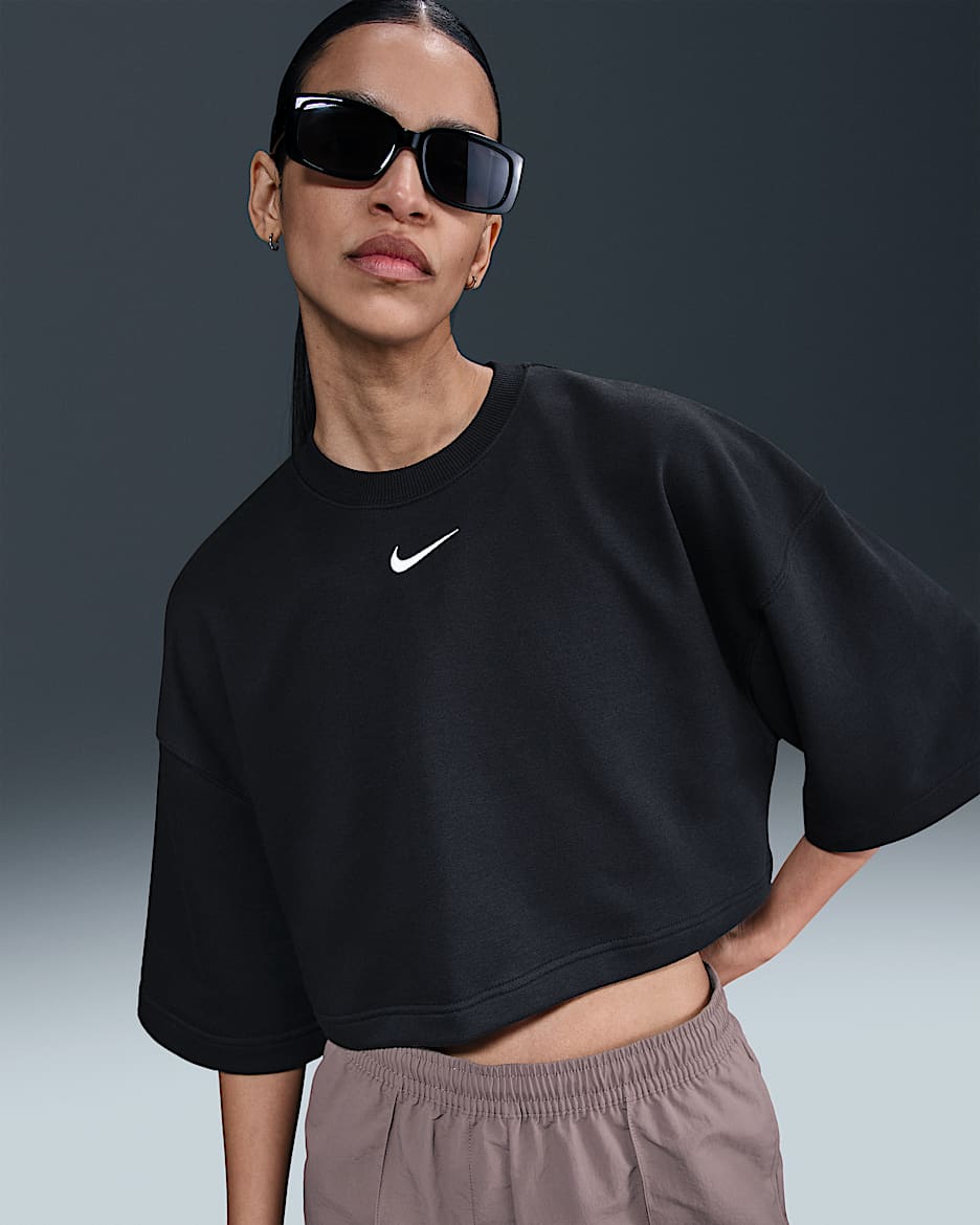 Playera de manga corta de French Terry holgada cropped para mujer Nike Sportswear Phoenix Fleece - Negro/Vela