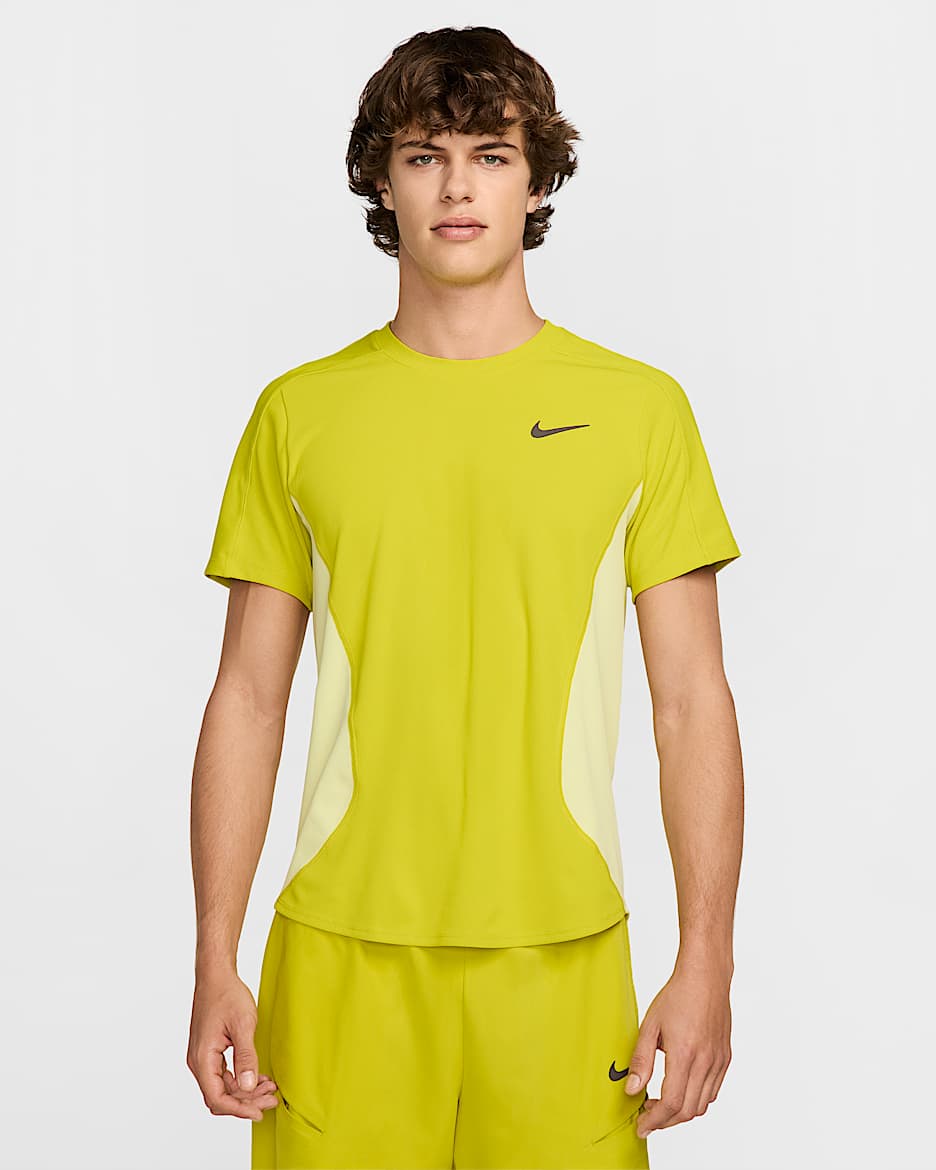 Playera de tenis Dri-FIT para hombre Nike Court Slam - Alto voltaje/Verde luminoso/Ceniza medio