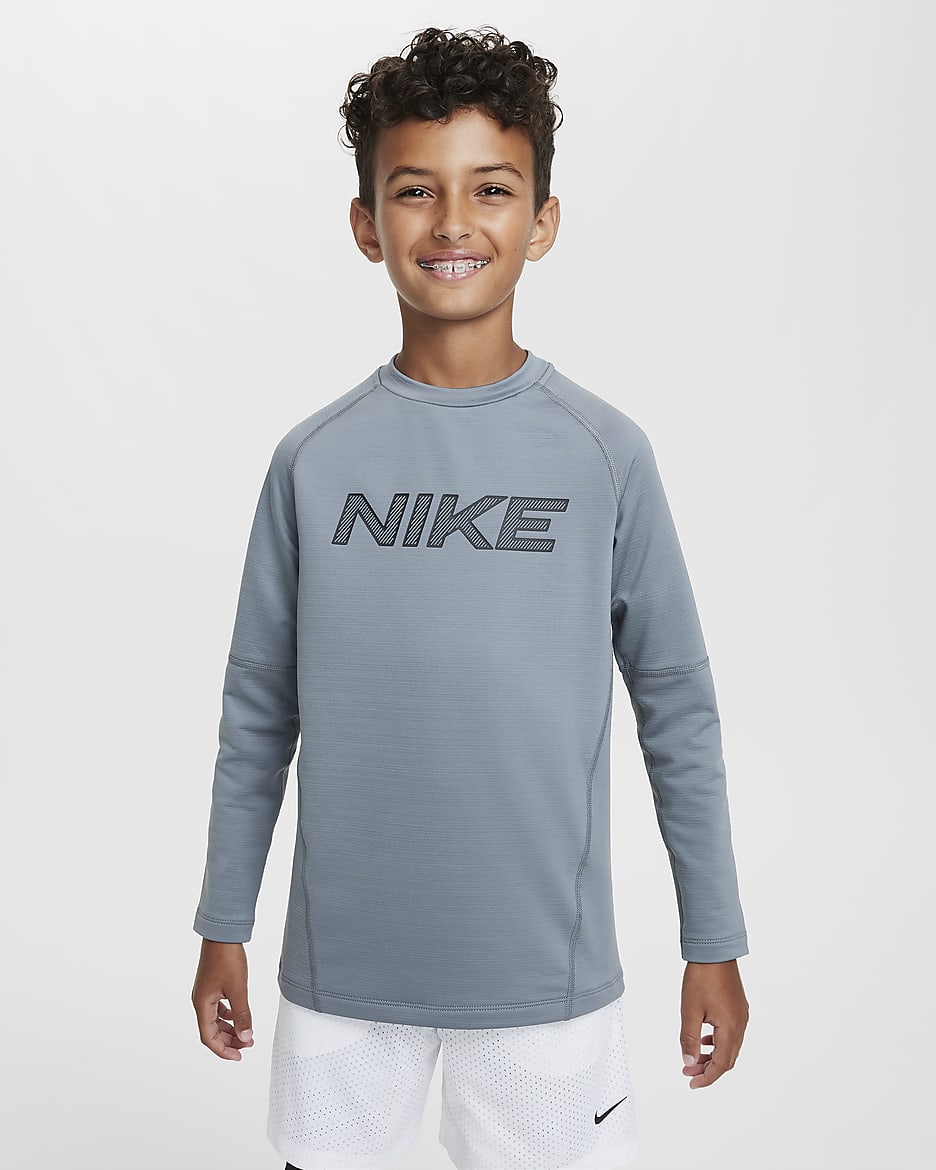 Nike Pro Warm Playera de entrenamiento de manga larga Dri-FIT para niño talla grande - Gris humo/Negro