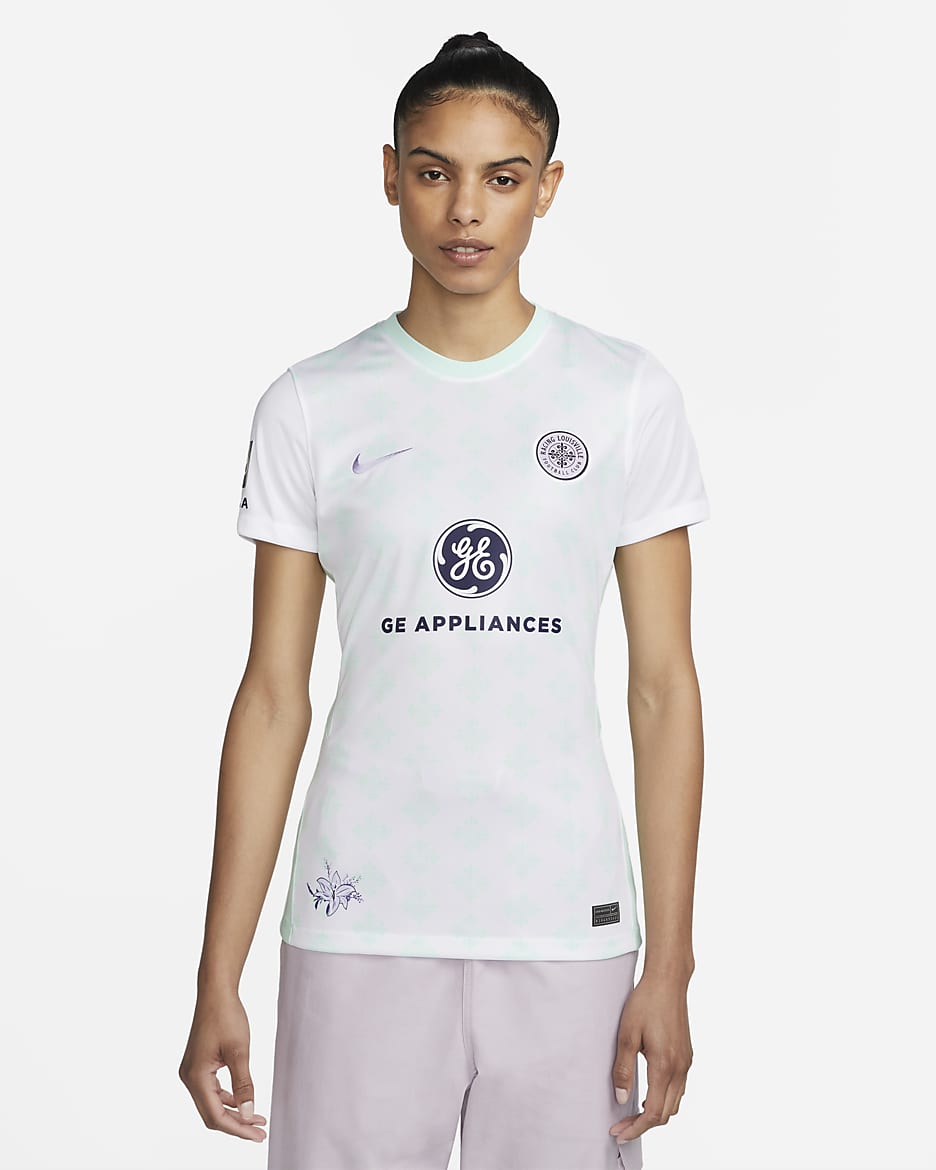 Jersey de fútbol Nike Dri-FIT del Racing Louisville FC visitante Stadium para mujer - Blanco/Espuma menta/Bruma lavanda