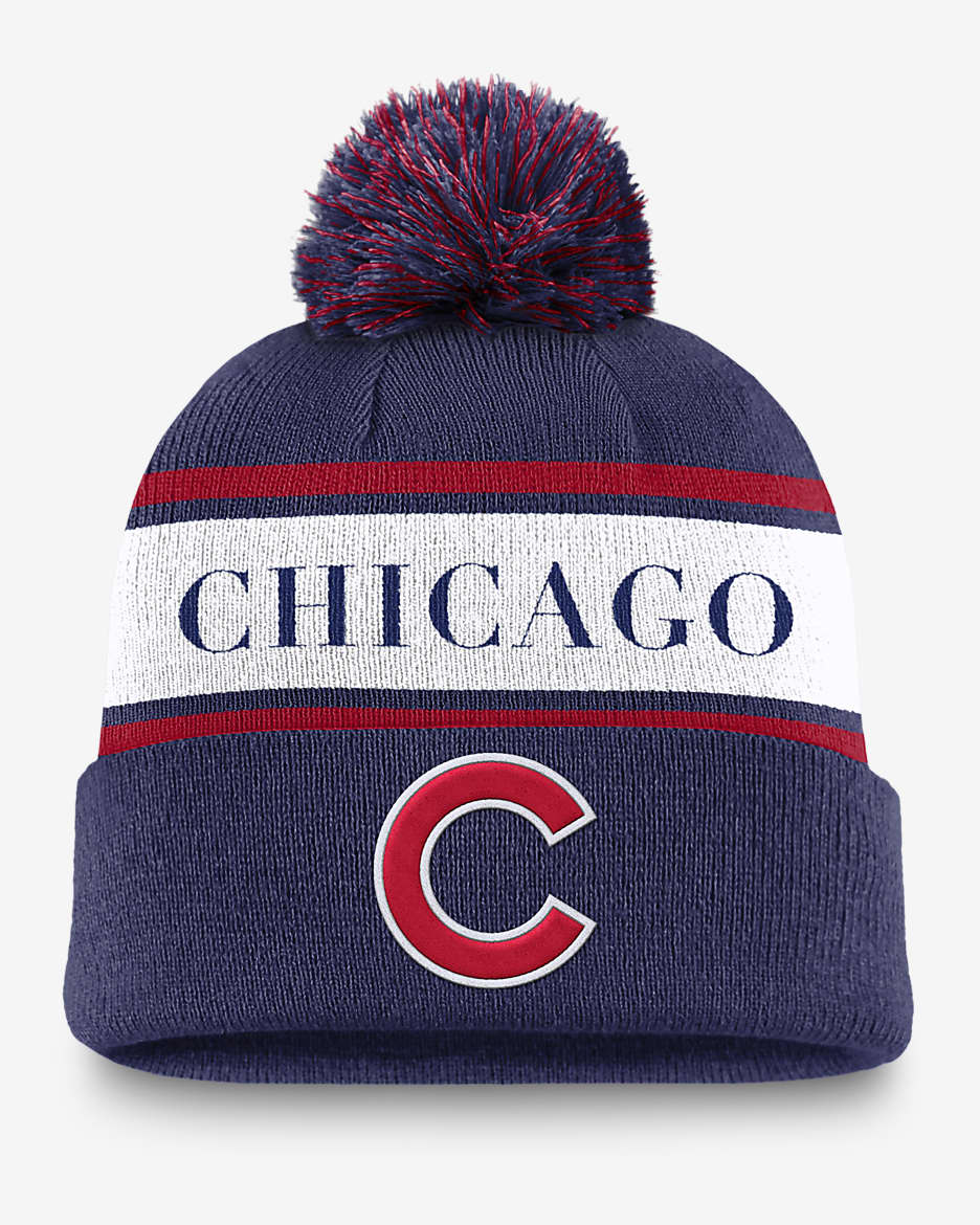 Chicago Cubs Team Stripe Peak Men's Nike MLB Cuffed Pom Beanie - Royal