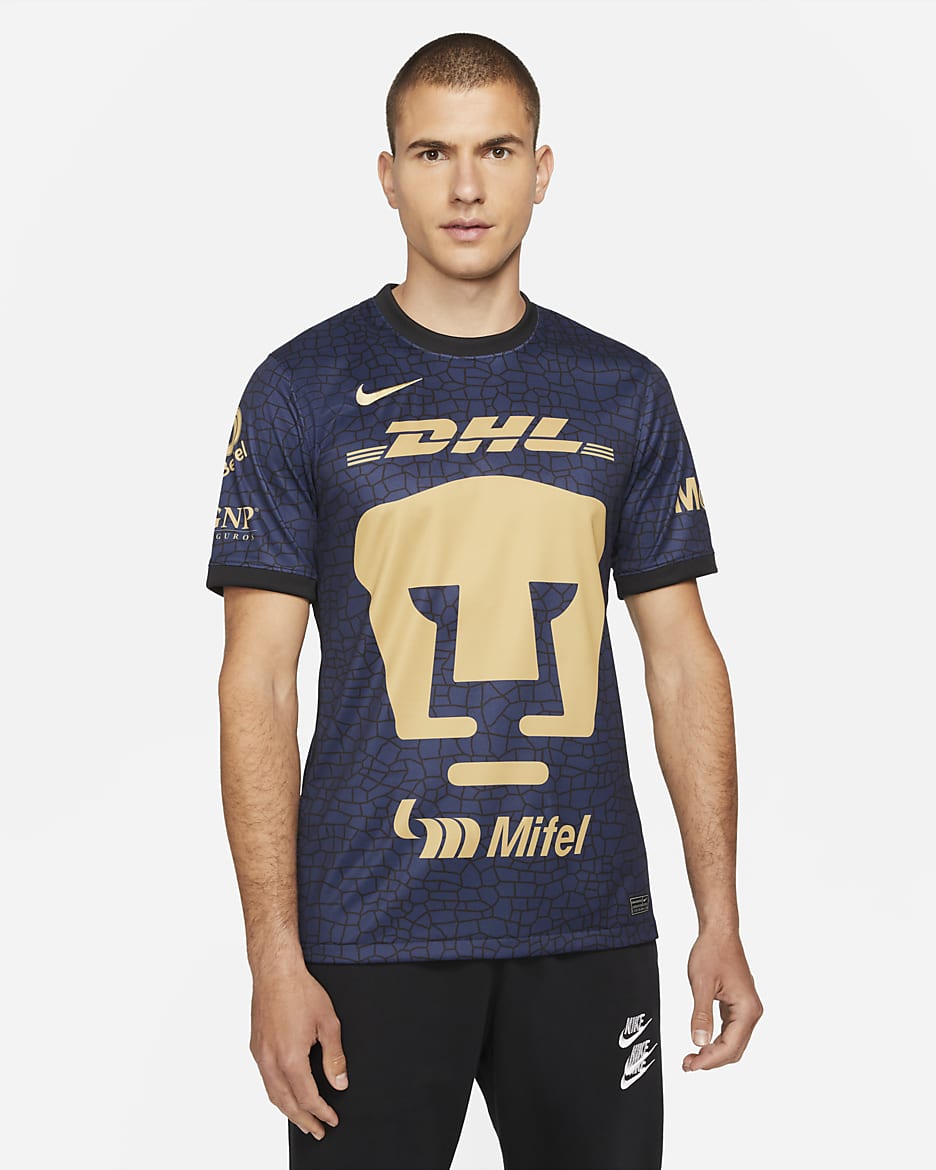 Jersey de fútbol Nike Dri-FIT de Pumas UNAM visitante 2021/22 Stadium para hombre - Azul marino medianoche/Negro/Oro genuino