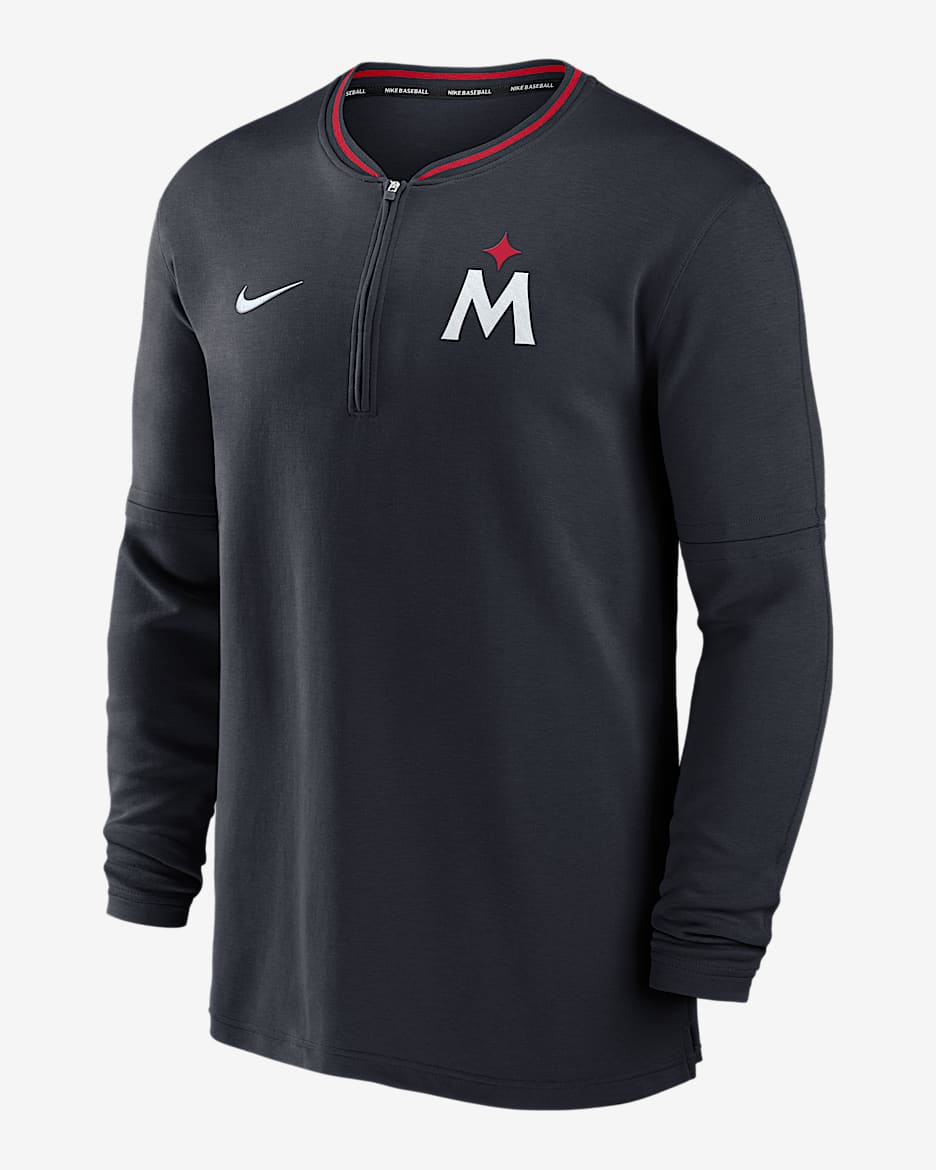 Playera de manga larga Nike Dri-FIT de la MLB de medio cierre para hombre Minnesota Twins Authentic Collection - Azul marino
