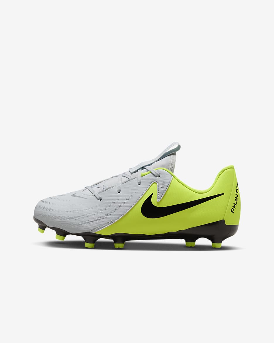 Nike Jr. Phantom GX 2 Academy MG Low-Top-Fußballschuh für jüngere/ältere Kinder - Metallic Silver/Volt/Schwarz