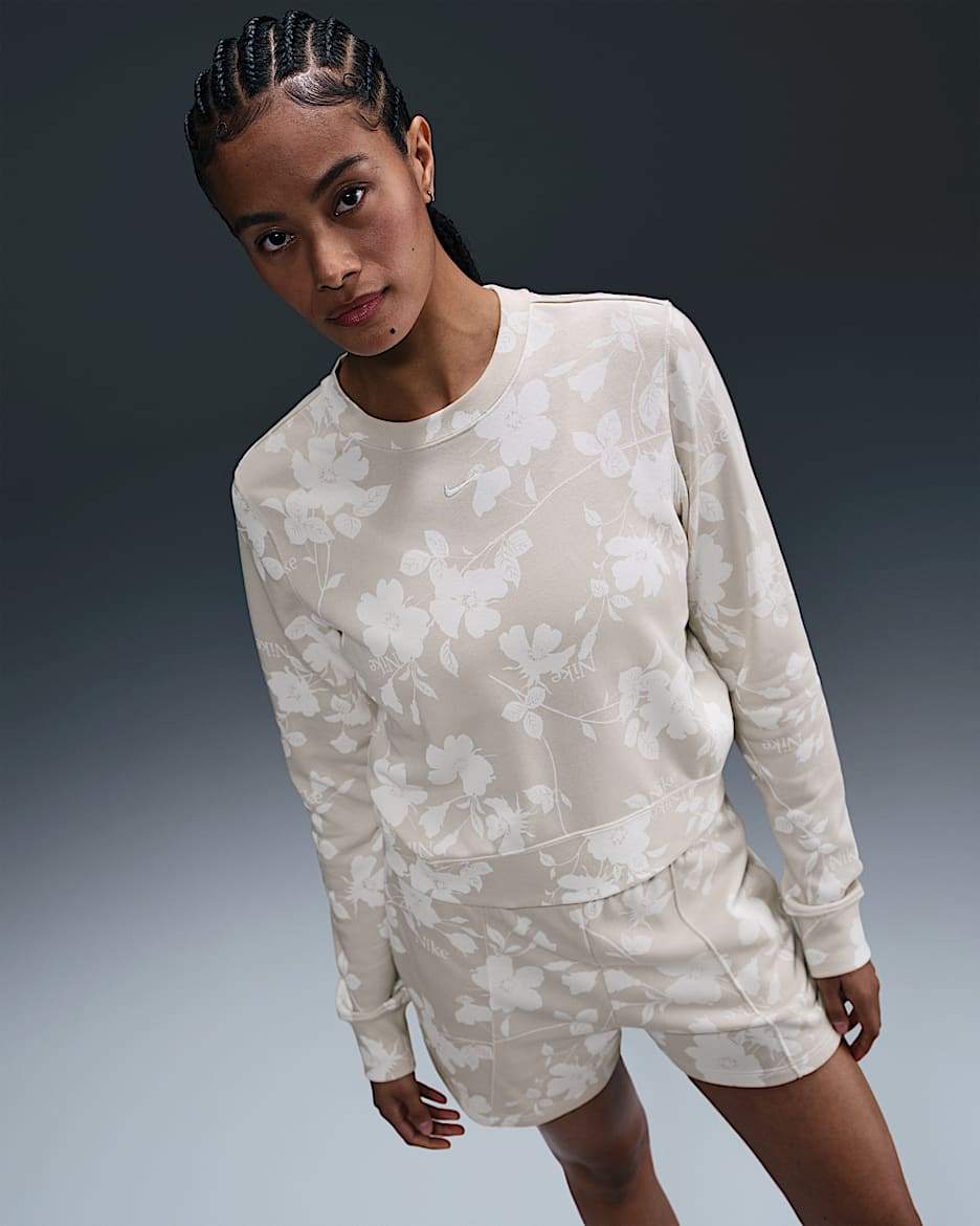Nike Sportswear Chill Terry Women's Crew-Neck French Terry Printed Sweatshirt - Light Orewood Brown/Sail
