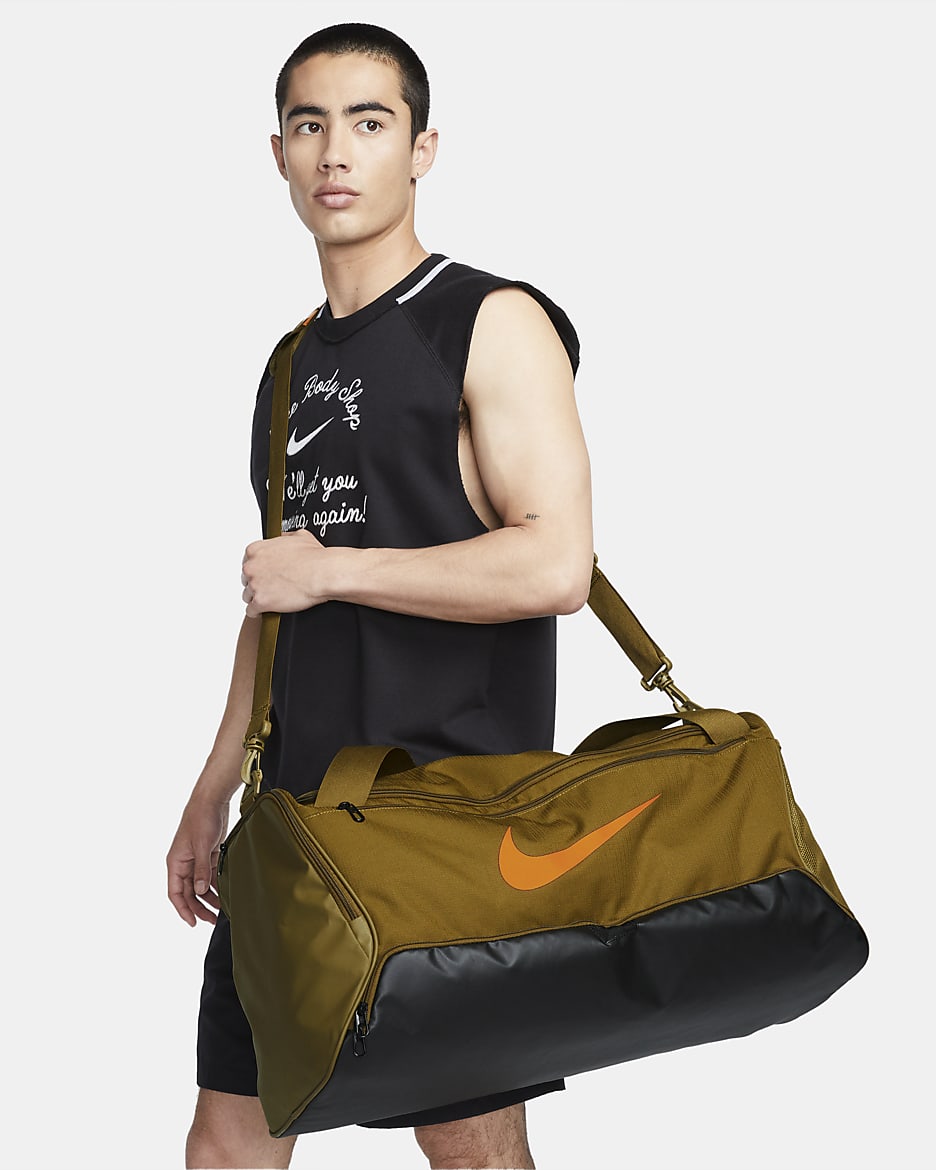 Nike Brasilia 9.5 Training Duffel Bag (Medium, 60L) - Olive Flak/Black/Vivid Orange