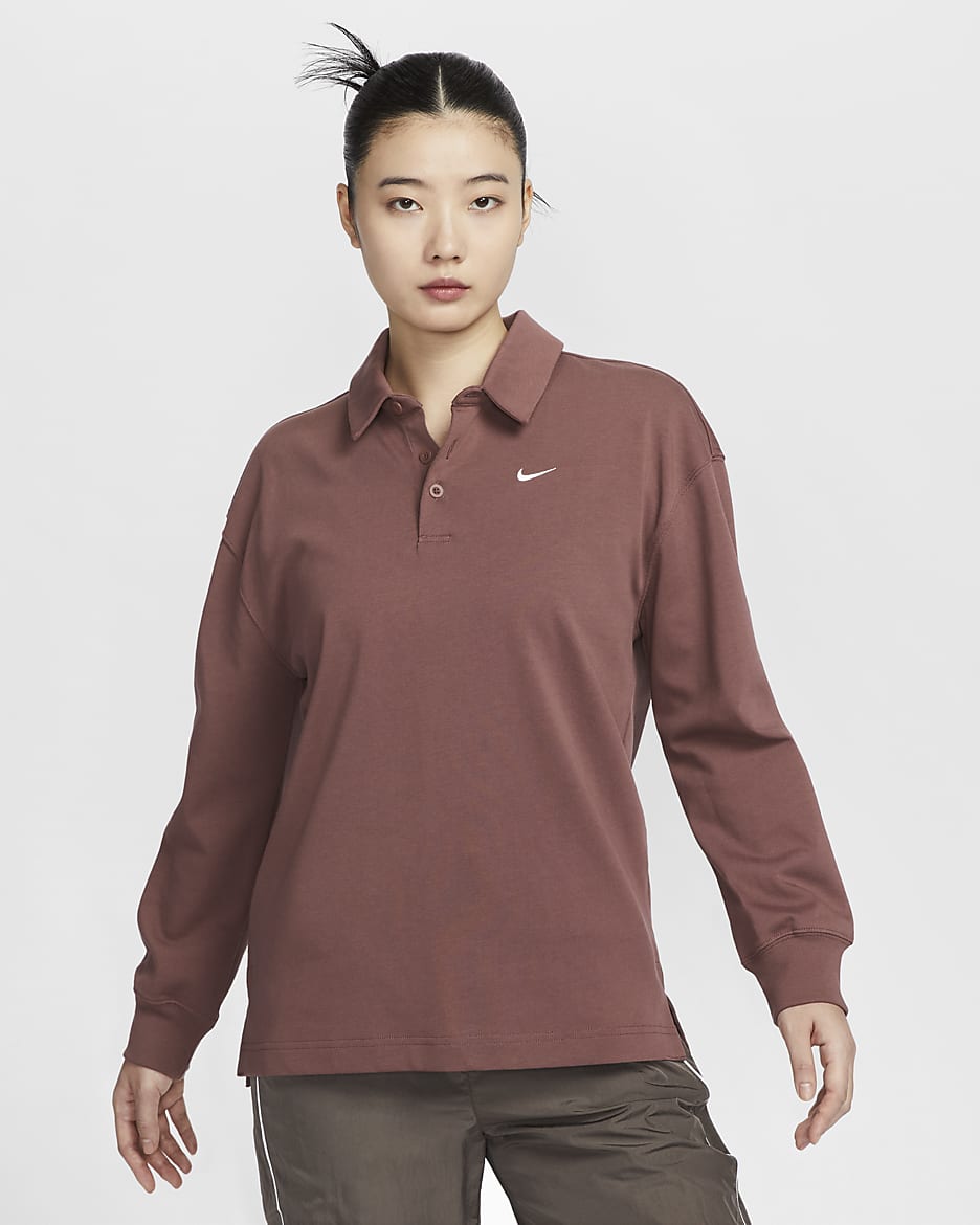 Nike Sportswear Essential Women's Oversized Long-Sleeve Polo - Red Sepia/Sail