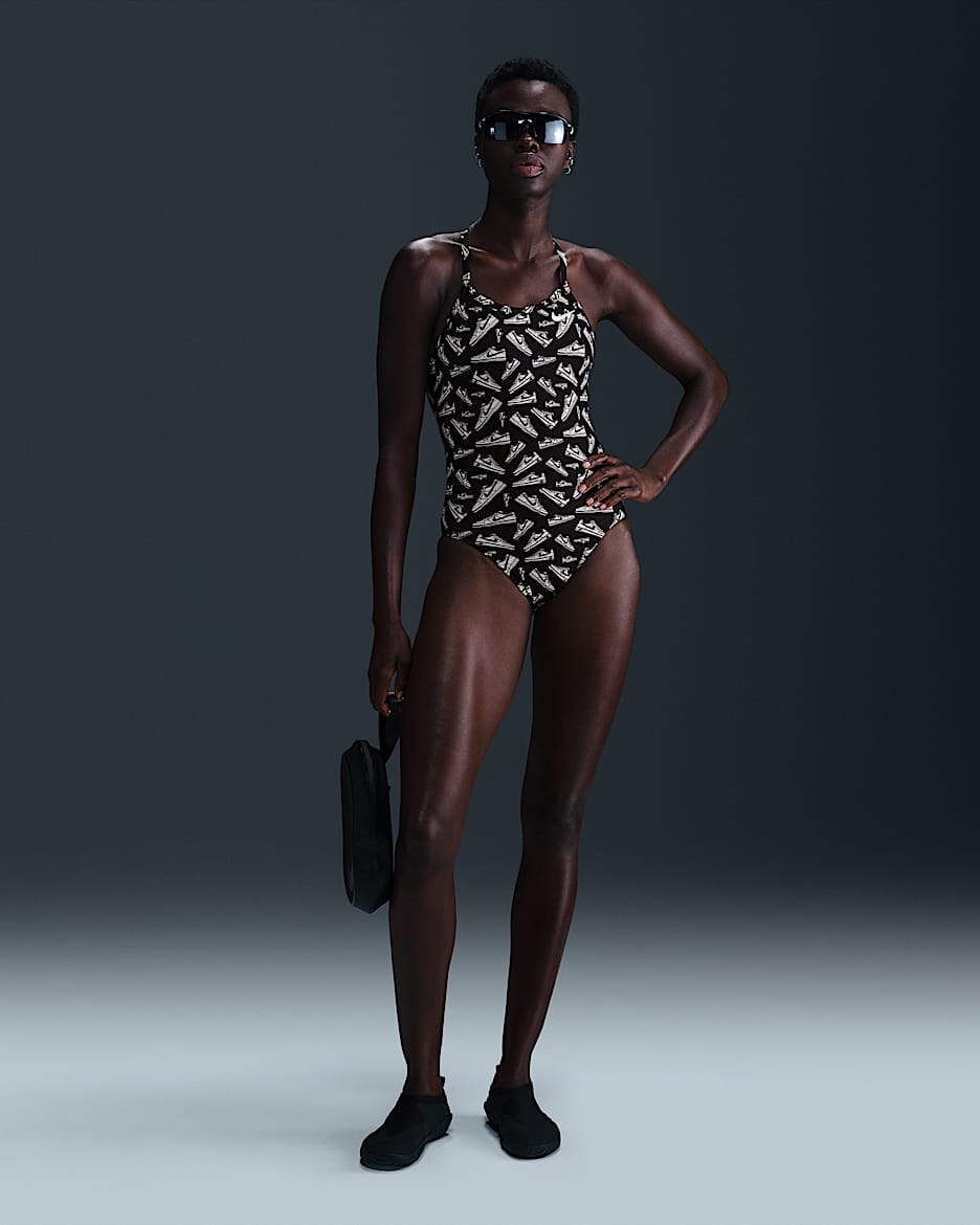 Traje de baño de una sola pieza de espalda deportiva para mujer Nike Swim HydraStrong - Negro/Blanco/Blanco
