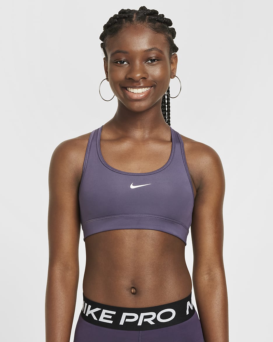 Sutiã de desporto Nike Swoosh para rapariga - Dark Raisin/Branco