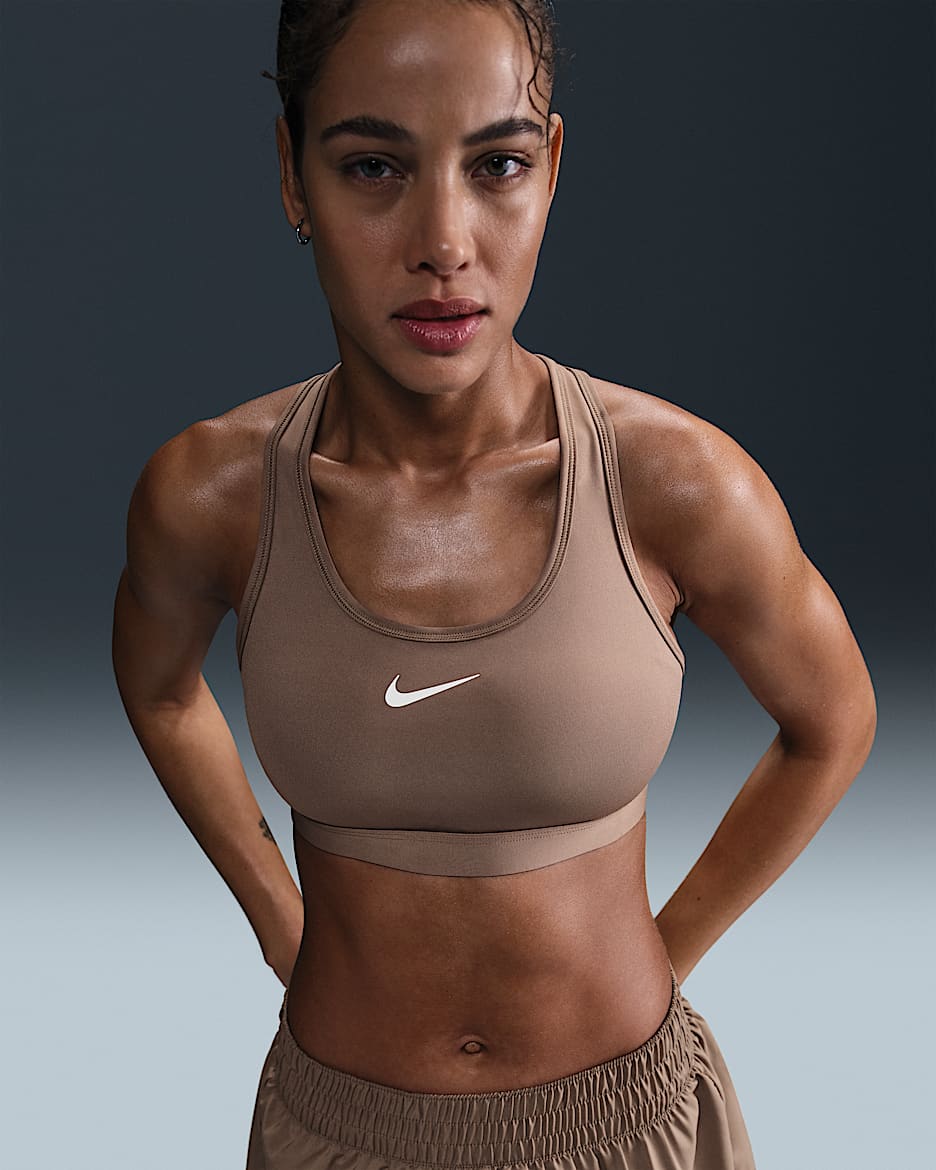 Nike Swoosh Medium Support Sport-BH mit Polster für Damen - Mink Brown/Weiß