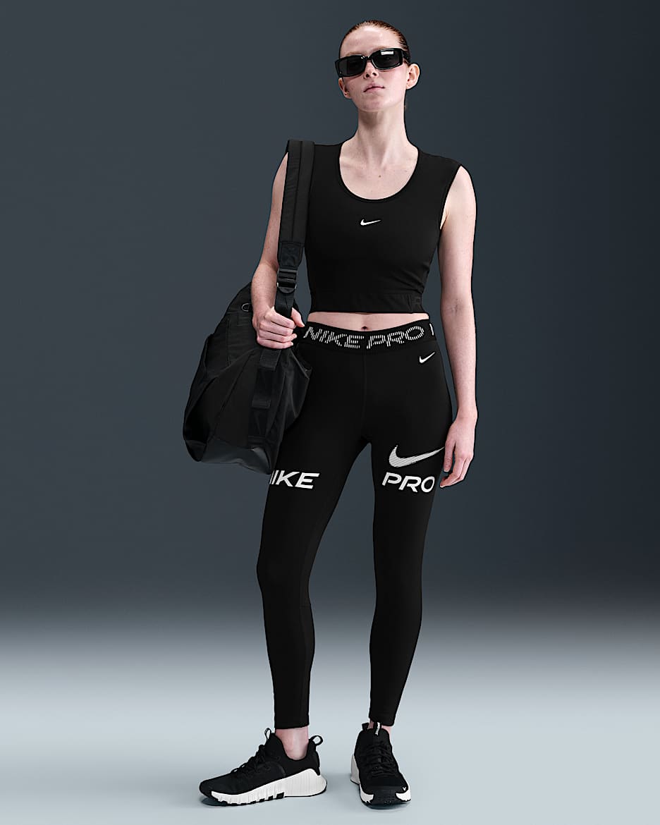 Nike Pro Women's Mid-Rise 7/8 Mesh-Panel Graphic Leggings - Black/White