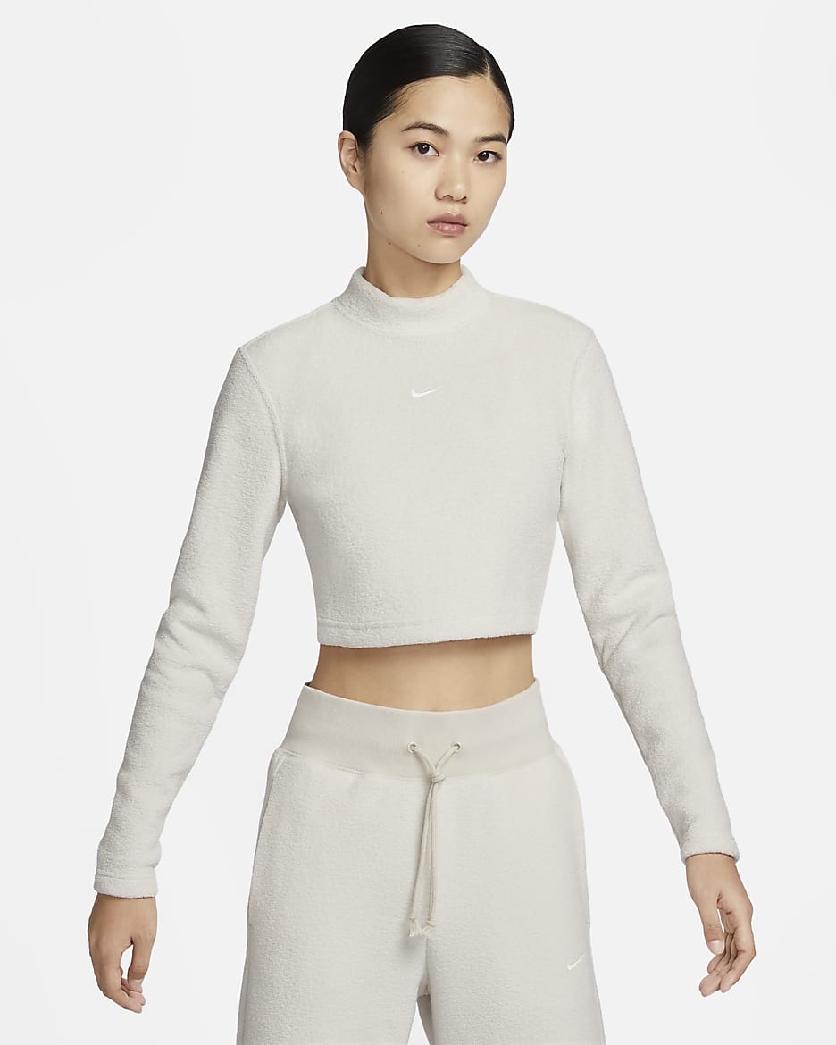 Nike Sportswear Phoenix Plush Women's Slim Long-Sleeve Cropped Cozy Fleece Top - Light Orewood Brown/Sail