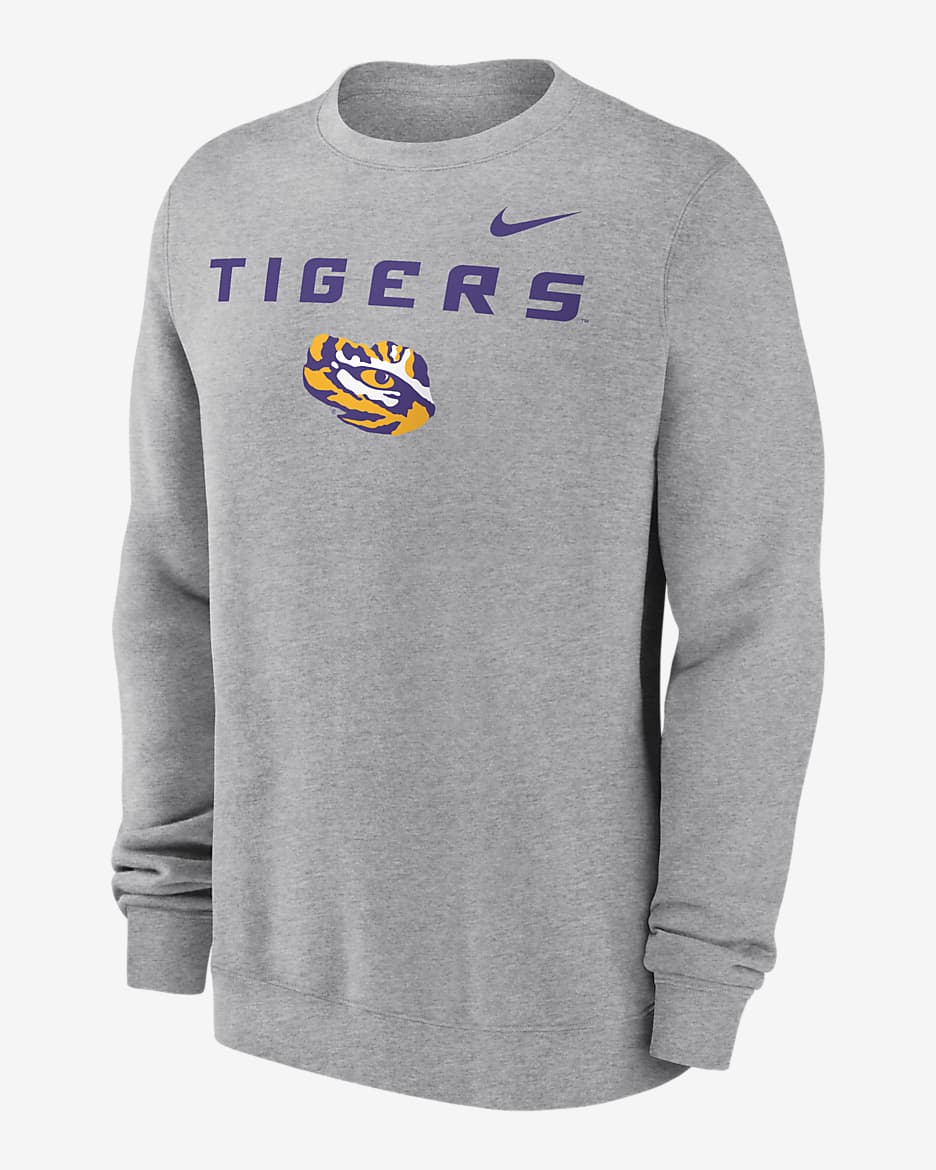 Sudadera de cuello redondo sin cierre universitaria Nike para hombre LSU Tigers Primetime Primary Stack - Gris oscuro jaspeado