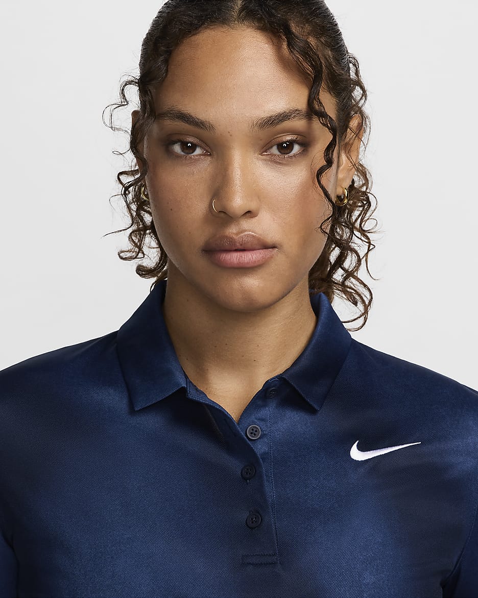 Polo de golfe estampado de manga curta Dri-FIT Nike Victory para mulher - Mystic Navy/Obsidian/Branco