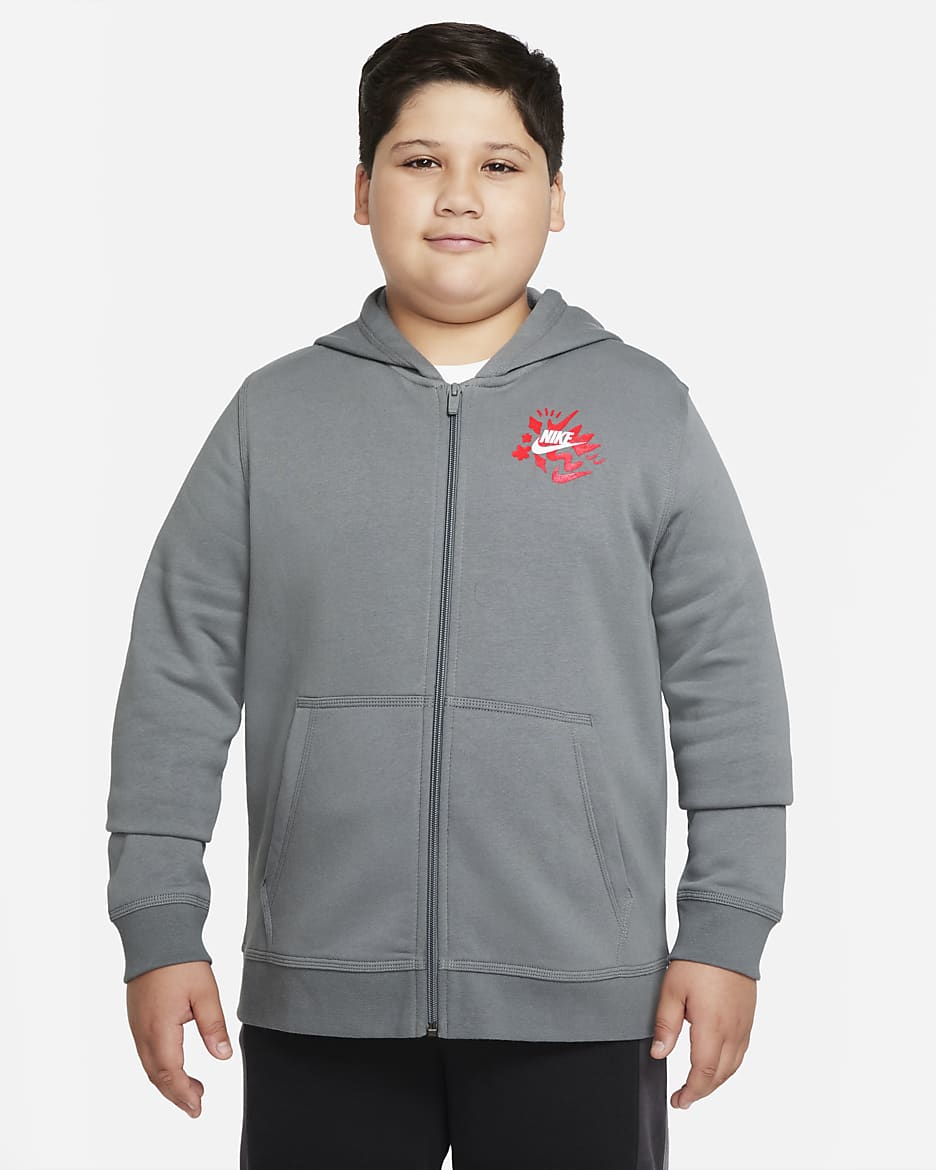 Nike Sportswear Big Kids' (Boys') Full-Zip Hoodie (Extended Size) - Smoke Grey/Siren Red/Photon Dust