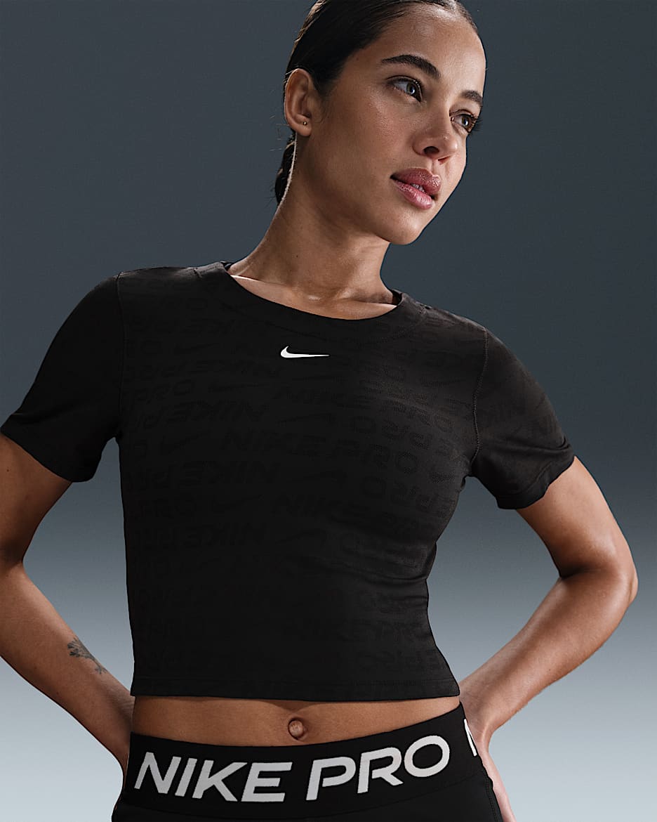 Playera de manga corta Dri-FIT de jacquard cropped para mujer Nike Pro - Negro/Blanco