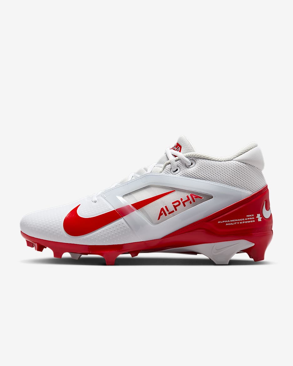 Tacos de fútbol americano Nike Alpha Menace Pro 4 - Blanco/Rojo universitario/Polvo fotón/Rojo universitario