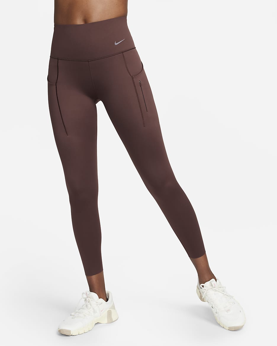 Leggings de tiro alto de 7/8 de sujeción firme con bolsillos para mujer Nike Go - Tierra/Negro