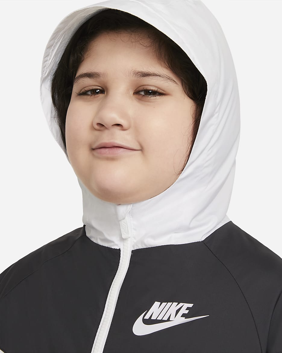 Nike Sportswear Windrunner Older Kids' (Boys') Loose Hip-Length Hooded Jacket (Extended Size) - White/Black/Wolf Grey/White