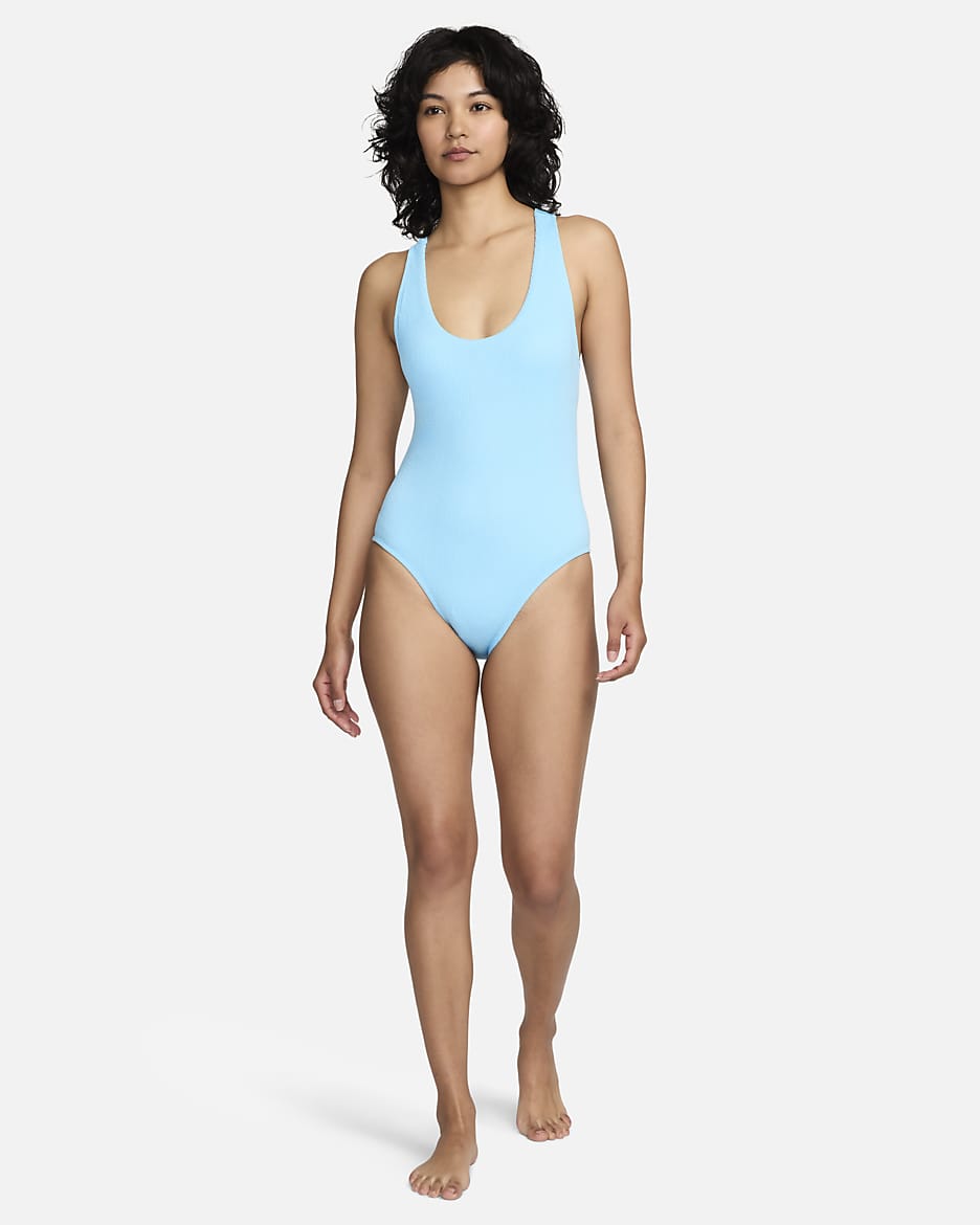 Traje de baño de una sola pieza con espalda cruzada para mujer Nike Swim Elevated Essential - Azul acuario