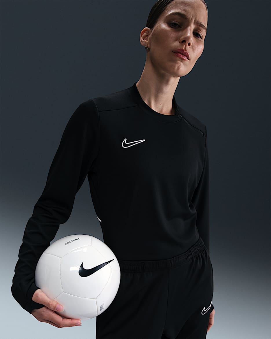 Playera de fútbol de manga larga de cuello redondo Dri-FIT para mujer Nike Academy - Negro/Negro/Blanco/Blanco