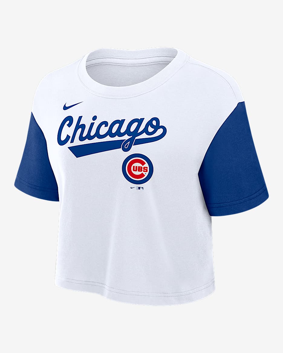 Playera Nike Dri-FIT de la MLB cropped para mujer Chicago Cubs Script - Blanco