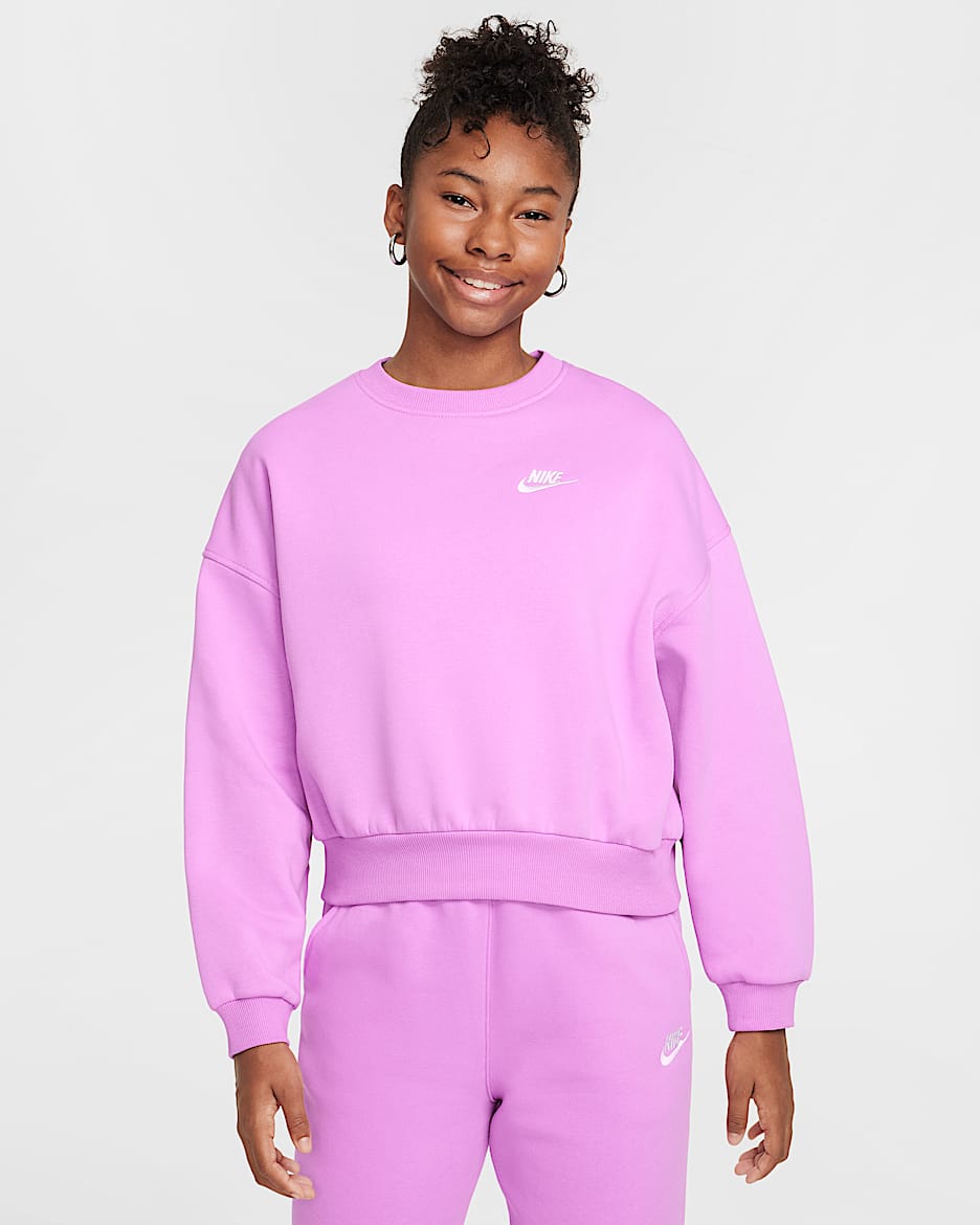 Sudadera de cuello redondo Dri-FIT de corte cuadrado para niña Nike Sportswear Club Fleece - Fucsia enérgico/Blanco